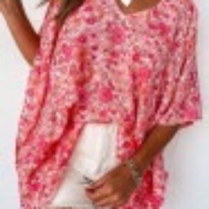 Pink Boho floral V Neck Kimono Style Blouse
